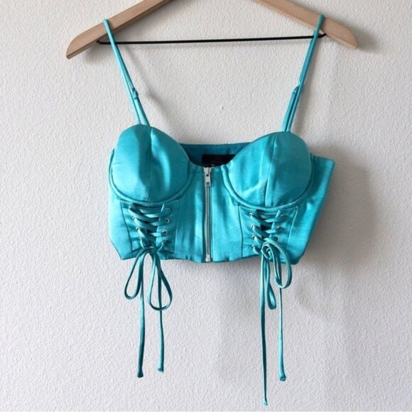 h:ours Op Bustier S Teal Lace Up Cropped Satin Zip Up Front REVOLVE Corset - Picture 2 of 7